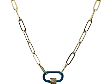 Gold Paperclip Chain Link Necklace - Blue Carabiner on Sale