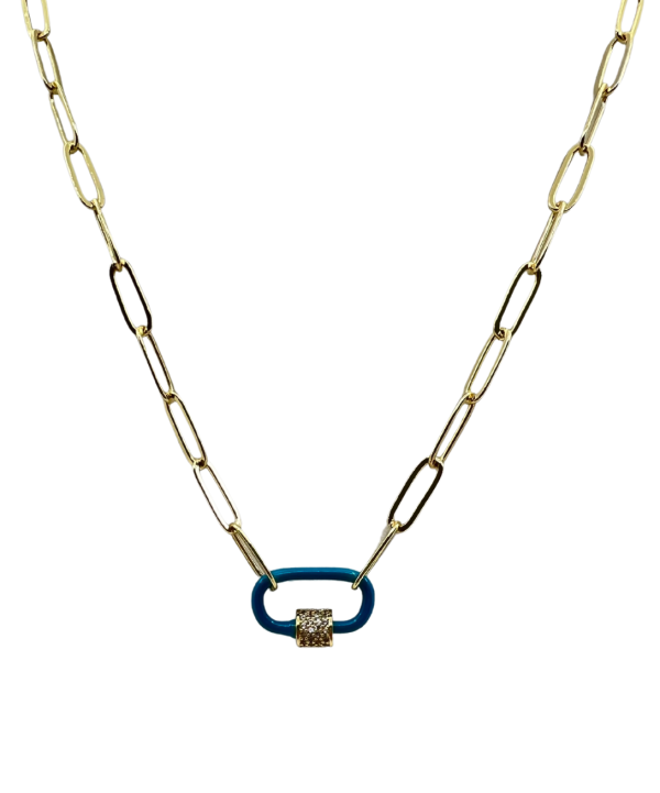 Gold Paperclip Chain Link Necklace - Blue Carabiner on Sale