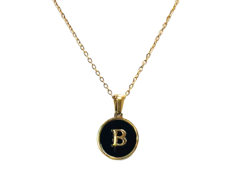 Black Alphabet Letter Necklace - Round Mother of Pearl Cheap